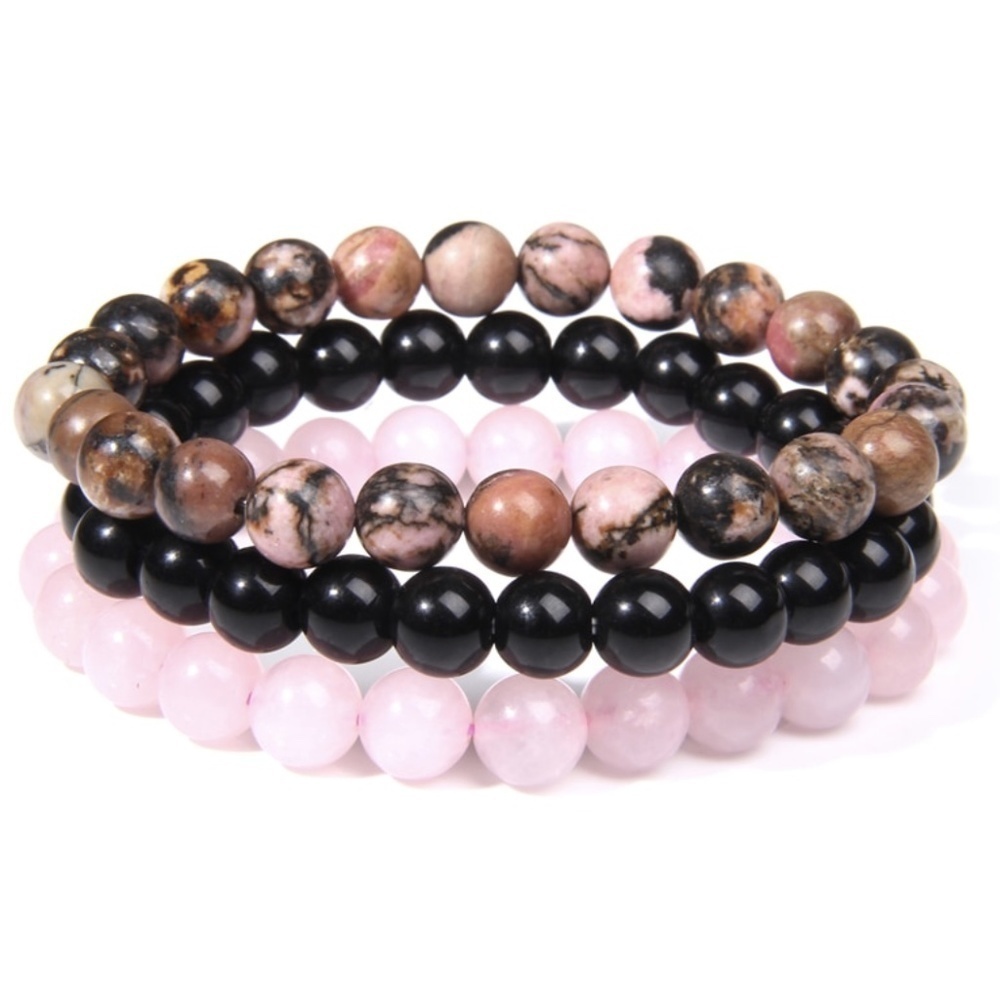 Black Pink Marbled Beaded Stretch Set Of 3 Bracelets